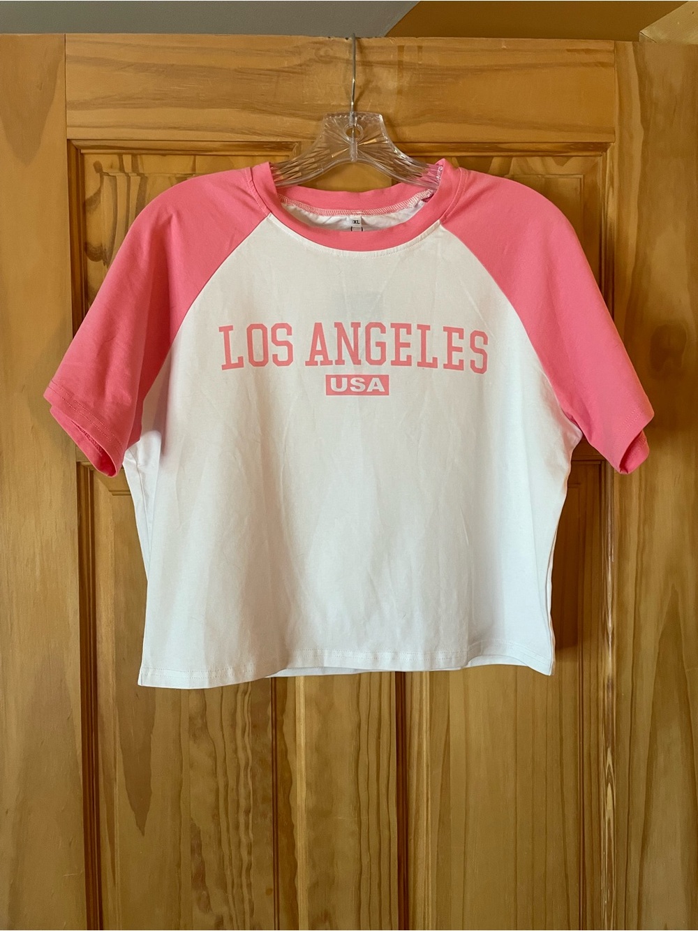 Los Angeles Raglan Crop Top in White and Pink